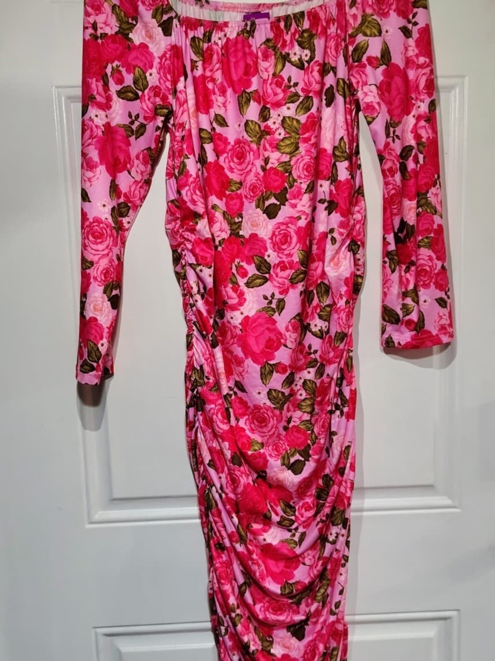 Pink Floral Off-Shoulder Midi Dress